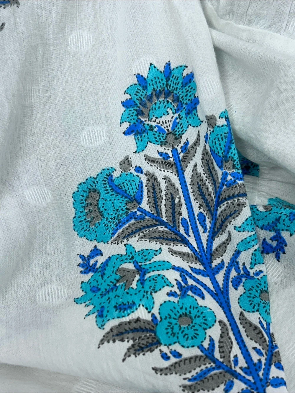 White Maxi Dress with Blue Floral Print -Debbie Katz medium - Picture 7 of 11